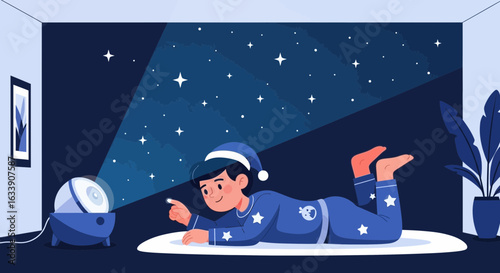 Nighttime Adventures: Young Boy Dreamily Explores The Cosmos With Star Projector