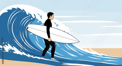 Man With Surfboard Walking on the Shoreline Ready for the Ocean Wave