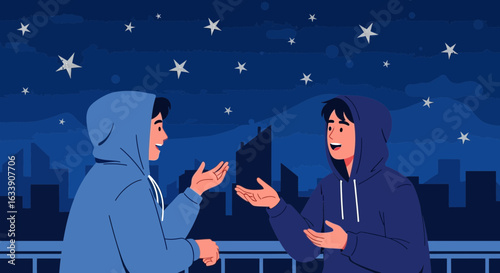 Nighttime Conversation With Friends On A Balcony Underneath Starry Sky