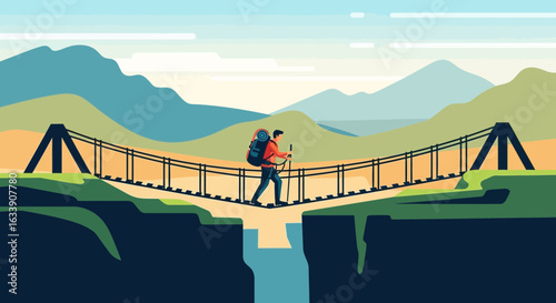 Man's Adventure Across Suspension Bridge In The Mountains Landscape Vector