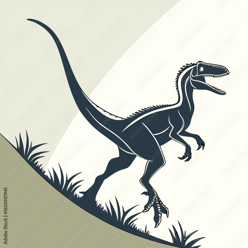 Fototapeta premium Silhouette of a Dynamic Velociraptor Mid-Leap in Striking Pose.