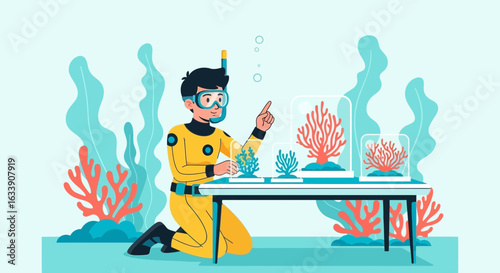 Marine Biologist Examines Coral Specimens In A Fictional Underwater Lab