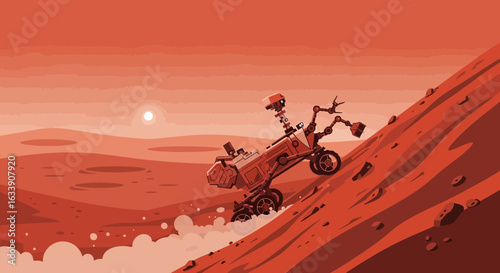Mars Rover Illustration Exploring The Red Planet Surface In Retro Style