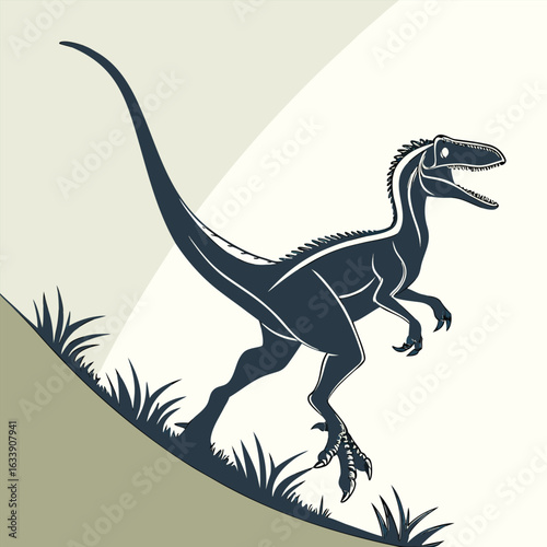 Silhouette of a Dynamic Velociraptor Mid-Leap in Striking Pose.