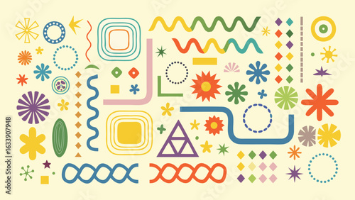 Collection of abstract geometric shapes and floral elements in various colors on light background