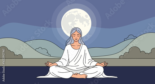 Nighttime Meditation Under Lunar Glow A Serene Yoga And Mindfulness Practice