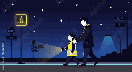 Nighttime Safety A Father Guides Child With Reflective Vest Across Street