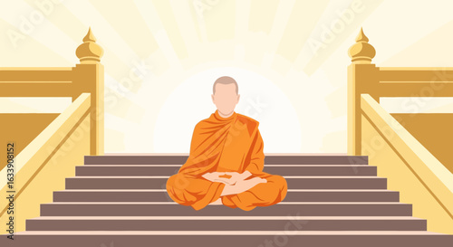 Meditating Monk On Temple Steps, Illustration For Contemplative Practices