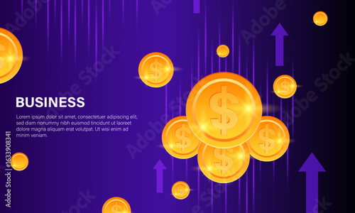 3D golden dollar coins floating in motion, symbolizing wealth, income, fintech transactions, and digital economy in a vibrant business-themed financial layout.
