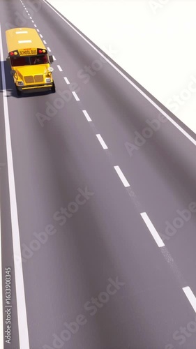 High angle view of cartoon yellow american schoolbus moving on empty asphalt highway road isolated on white background. Vertical minimalist concept 3D animation.