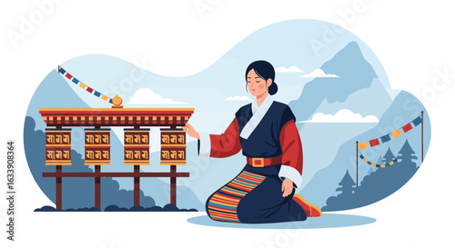 Meditative Woman Spins Prayer Wheels In A Tranquil Mountain Landscape