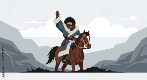 Nomad Warrior Riding Horse In Mountain Landscape Illustration Style