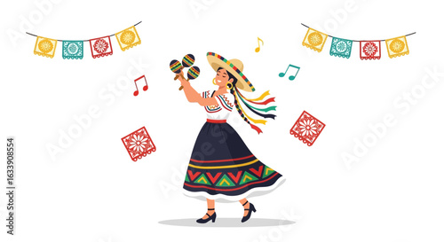 Mexican Woman Celebrates With Maracas in Colorful Traditional Fiesta Dress