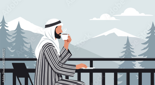 Middle Eastern Man Enjoys Coffee With Mountain View On Balcony Illustration