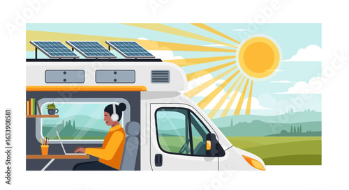 Nomadic Digital Professional Working Remotely From a Solar Powered Van