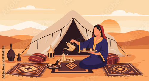 Nomadic Hospitality Woman Serving Tea In Desert Camp Under Sunset Backdrop