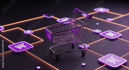 Ai generated image of shopping cart on a digital network with shopping icons