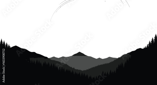 A captivating star trail illuminates a serene mountain landscape with silhouetted trees, creating a peaceful and celestial scene perfect for nature enthusiasts and stargazers.