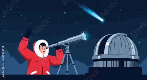 Observing Celestial Wonders Man Watches a Meteor Through Telescope