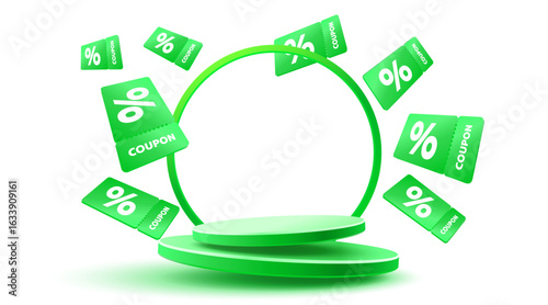 Green coupons with percentage fly near podium. Vector illustration