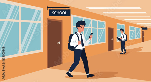 Modern Student Life Young Boys in Uniform at School Corridor