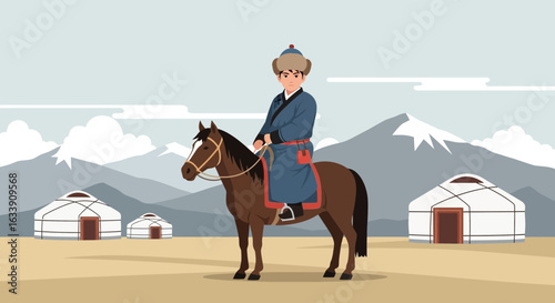 Mongolian Horseman In Traditional Garb Rides Across The Steppe