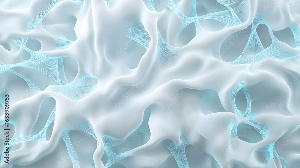 Fototapeta premium The image shows an abstract, smooth, white surface with fluid-like forms with light blue strand accents that give it a delicate, organic, and three-dimensional appearance.