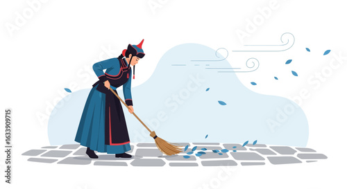 Mongolian Woman Sweeping Leaves In Traditional Clothing During Windy Day