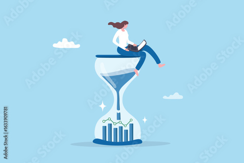 Time management, work efficiency planning, employee time clock analysis system, productivity diagram, work hour optimization concept, businesswoman working on hourglass with analysis chart diagram.