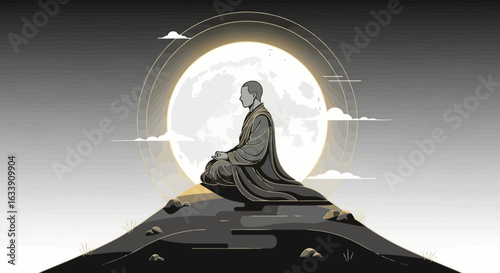 Monk In Meditation Under The Glowing Moon With Spiritual Enlightenment