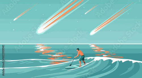 Paddleboarding Under Shooting Stars Serene Coastal Scene Meets Celestial Spectacle