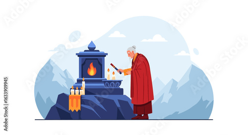 Monk Lightening Candles at a Mountain Shrine In A Peaceful Spiritual Setting