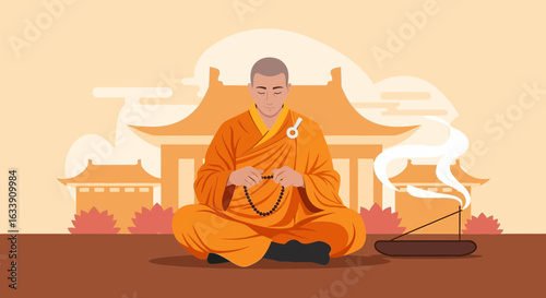 Monk Meditating With Prayer Beads In Front Of Asian Temple And Incense