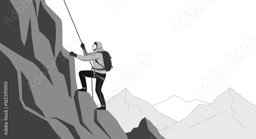 Monochrome Mountain Expedition With Mountaineer Reaching The Peak Adventure Challenge