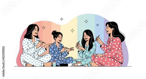 Pajama Party Ladies Enjoying Manicures and Beauty Treatments With Rainbow Background
