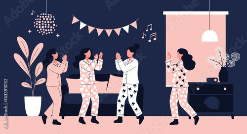 Pajama Party With Cheerful Young Women Dancing and Having Fun Together Indoors