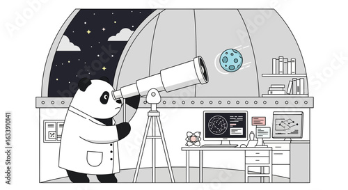 Panda Scientist Exploring Space From an Observatory With a Powerful Telescope