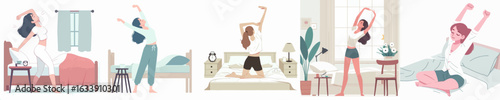 vector of a woman stretching after waking up