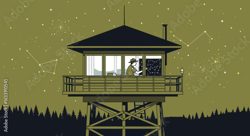 Park Ranger On A Forest Fire Lookout Tower Mapping Stars At Night