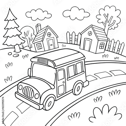 Cartoon School Bus Driving Through Town – Black and White Line Art