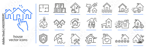 house icon set, choosing a home, rent or buy a house, real estate, thin line icons collection, vector illustration eps10