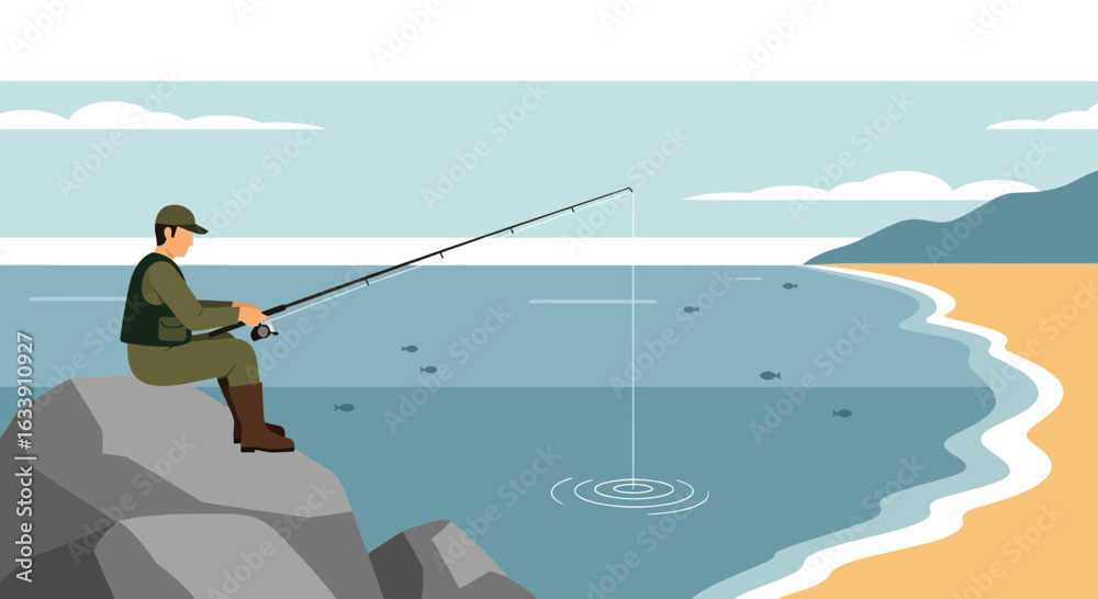 Naklejka premium Peaceful Fishing Trip On The Shore With Fisherman And Fishing Rod
