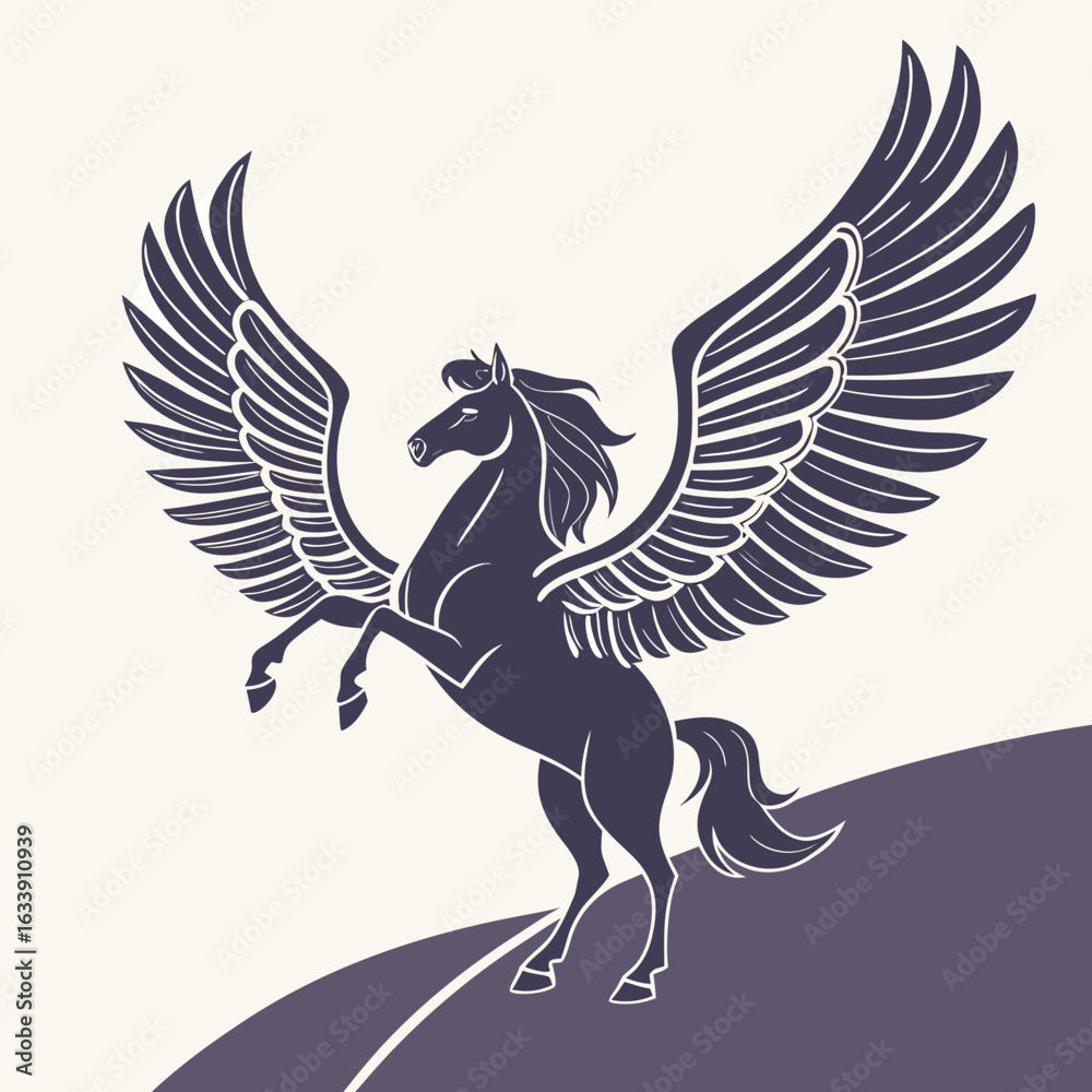 Obraz premium Silhouette of a Mythical Pegasus Rearing with Large Wings Spread.