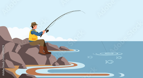 Peaceful Fisherman Enjoying A Quiet Day On The Rocky Coastline In Nature
