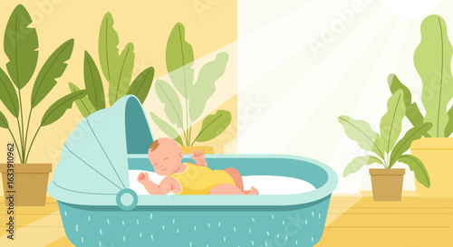 Peaceful Infant Asleep in Nursery Surrounded By Potted Plants Bathed in Sunlight