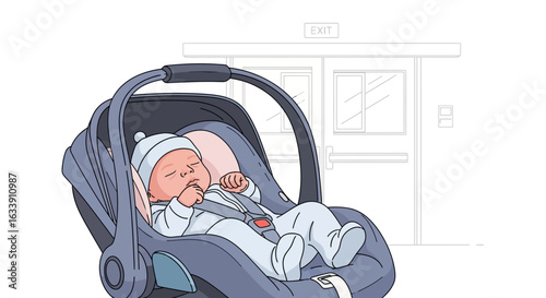 Peaceful Infant Securely Fastened in Car Seat Near Marked Exit Doorway