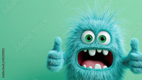 Blue furry cartoon monster with big eyes, open mouth, showing teeth, and giving thumbs up on light green background, showcasing cute, funny, and playful character concepts.