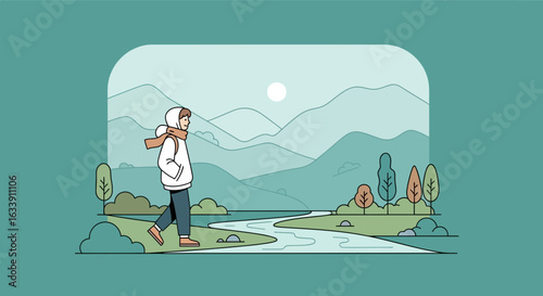 Peaceful Journey Through Nature In Minimalist Style Illustration On A Cold Season