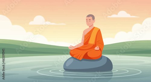 Peaceful Meditation Scene Monk in Serene Landscape Contemplation on Stone