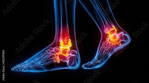 Medical image of foot and ankle bones and joints, with highlighted joints, showcasing human anatomy, medical, and skeletal structure concepts.